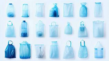 reciclando plástico saco coleção em limpar \ limpo branco fundo ai gerado foto