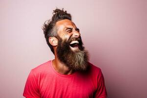 feliz barba homens sorridente em a Rosa fundo ai generativo foto