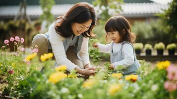 sorridente mãe e filha levar Cuidado do flores enquanto jardinagem às Fazenda ai gerado foto