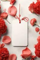 moderno em branco namorados presente tag brincar com vermelho rosa folhas pétalas ai gerado foto