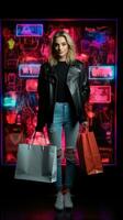 cheio corpo mulher dentro néon luz cyberpunk Sombrio fundo com compras bolsas dentro Preto Sexta-feira vendas conceito ai gerado foto