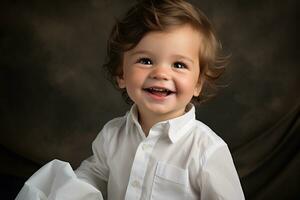 retrato do adorável bebê aguarde branco roupas ai generativo foto