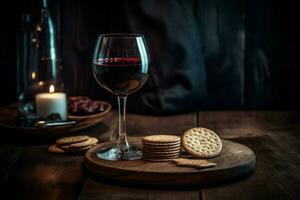 vinho vidro biscoitos borda. gerar ai foto