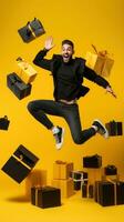 animado homem pulando Alto com compras bolsas dentro Preto Sexta-feira em amarelo fundo ai gerado foto