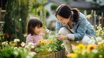 sorridente mãe e filha levar Cuidado do flores enquanto jardinagem às Fazenda ai gerado foto