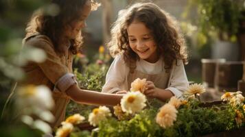 sorridente pequeno menina levar Cuidado e plantar flores dentro a jardim ou uma Fazenda ai gerado foto