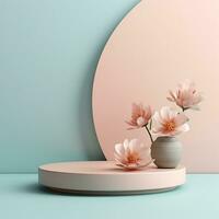 esvaziar volta produtos etapa com flores pódio, pedestal, Lugar, colocar para produtos demonstração, plataforma. mínimo estilo, pastel cores foto