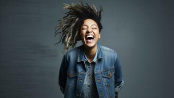 apreciar feliz africano americano menina vestindo jeans Jaqueta olhando acima sorridente alegremente contra fundo ai gerado foto