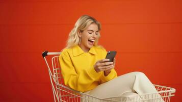 animado mulher rindo e usando Smartphone dentro compras carrinho carrinho em amarelo fundo ai gerado foto