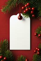moderno presente tag para Natal feriado brincar em vermelho fundo ai gerado foto