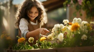 sorridente pequeno menina levar Cuidado e plantar flores dentro a jardim ou uma Fazenda ai gerado foto