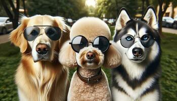 uma diverso grupo do cães, cada do diferente raças, todos vestindo à moda óculos. uma dourado retriever com aviador oculos de sol, todos posado com confiança dentro uma parque contexto. ai generativo foto