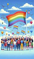 a ilustração destacando orgulho mês com uma vibrante arco Iris bandeira e uma encontro do diverso indivíduos a comemorar junto. ai generativo foto