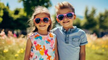 dois pequeno Rapazes e meninas vestindo colorida óculos. generativo ai foto