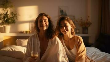 jovem amigas conversando e tendo Diversão em uma cama. generativo ai foto