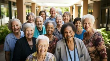 uma grupo do idosos pessoas tendo Diversão junto. generativo ai foto