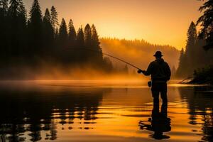 silhueta do uma pescador em a tarde rio e com a luz do a configuração Sol ai generativo foto
