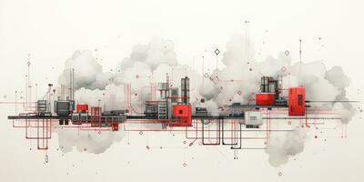 generativo ai, abstrato geométrico fábrica gasoduto indústria aguarela e tinta fundo com vermelho e cinzento nuvens. foto