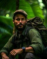 uma homem dentro a meio do uma deserta e verde natureza. generativo ai foto