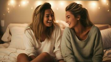 jovem amigas conversando e tendo Diversão em uma cama. generativo ai foto