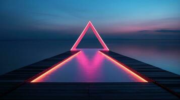 generativo ai, minimalista ilha paraíso com geométrico néon luz ponte, futurista panorama foto