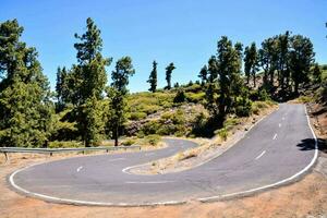 uma enrolamento estrada dentro a montanhas com árvores em ambos lados foto