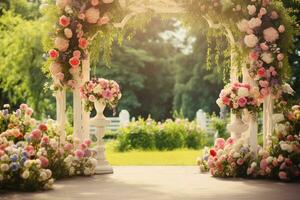 ai gerado jardim arco com flores foto