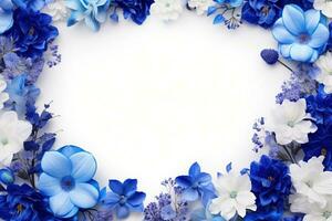 ai gerado azul flores em branco com cópia de espaço foto