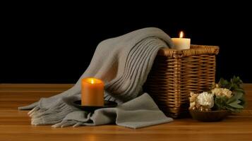 uma cobertor coberto sobre uma vime cesta com uma queimando vela ao lado isto, evocando cordialidade.. generativo ai foto