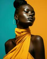 africano mulher com vibrante Maquiagem e elegante brincos, irradiando beleza e graça.. generativo ai foto