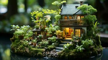 uma pitoresco miniatura casa cercado de árvores.. generativo ai foto