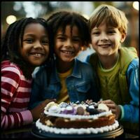 uma grupo do crianças, dois Rapazes e uma garota, estão a comemorar uma aniversário com uma bolo.. generativo ai foto