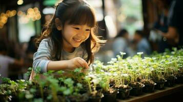 uma pequeno ásia menina cuidadosamente cuidando para dela plantas.. generativo ai foto