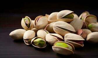 pistachios arranjado dentro uma fechar-se em uma mesa criando usando generativo ai Ferramentas foto