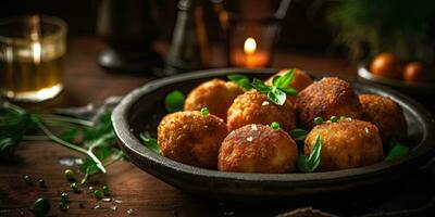 saboroso peixe almôndegas fez com fresco frutos do mar e Migalhas de pão. criando usando generativo ai Ferramentas foto