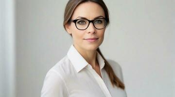 lindo fêmea professor vestindo óculos contra branco fundo com espaço para texto, fundo imagem, ai gerado foto