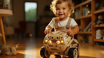 pequeno alegre criança sorrisos e tocam com uma brinquedo carro dentro a sala, a Garoto passeios uma carro foto