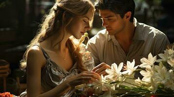 uma casal dentro amor, uma homem e uma mulher abraçando e segurando mãos contra uma fundo do flores dentro natureza foto