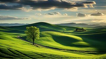 fresco verde panorama com céu e colinas e montanhas , ai gerado foto