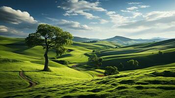 fresco verde panorama com céu e colinas e montanhas , ai gerado foto