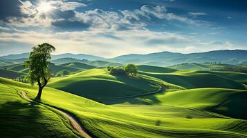 fresco verde panorama com céu e colinas e montanhas , ai gerado foto