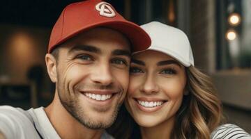 feliz casal vestindo beisebol chapéu com espaço para texto, fundo imagem, ai gerado foto