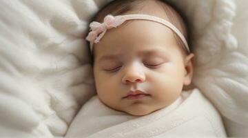 fofa dormindo bebê menina contra branco fundo com espaço para texto, crianças fundo imagem, ai gerado foto