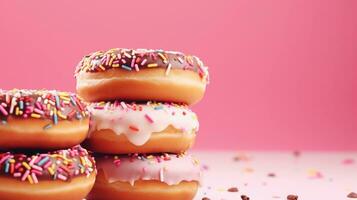 delicioso rosquinhas em uma luz Castanho fundo com espaço para texto em a lado, fundo imagem, ai gerado foto