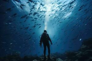 silhueta do mergulho mergulhador olhando às escola do peixe dentro profundo azul oceano, ai gerado foto