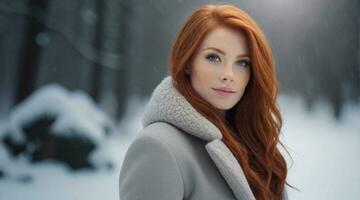 lindo vermelho cabelo fêmea contra inverno ambiente fundo com espaço para texto, fundo imagem, ai gerado foto
