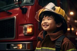 retrato do fofa pequeno Garoto vestindo bombeiro uniforme dentro a fogo departamento ai gerado foto