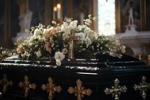fechar-se tiro do uma caixão dentro uma carro fúnebre ou capela antes velório ou enterro às cemitério ai gerado foto