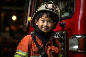 retrato do fofa pequeno Garoto vestindo bombeiro uniforme dentro a fogo departamento ai gerado foto