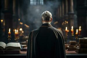 traseiro Visão do sacerdote olhando às Igreja interior. religião conceito. ai gerado foto